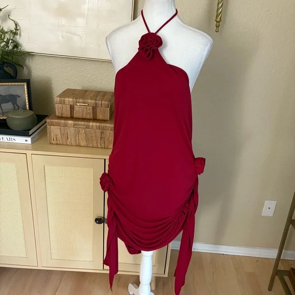 JLUXLABEL Burgundy Tabitha Halter Rose Mini‎ Dress Size XXL - Picture 3 of 10